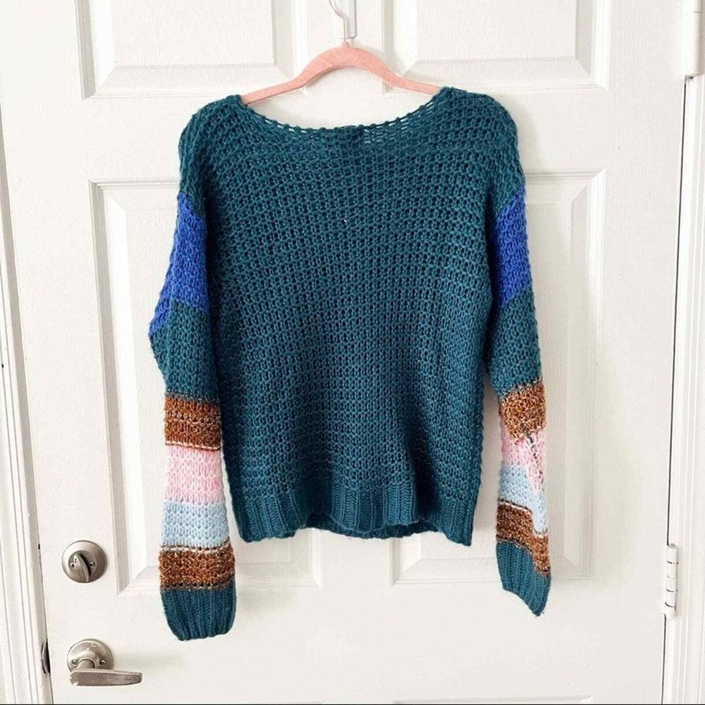 Heartloom Anthropologie Mae Teal Colorblock Open Knit Striped Sweater XS